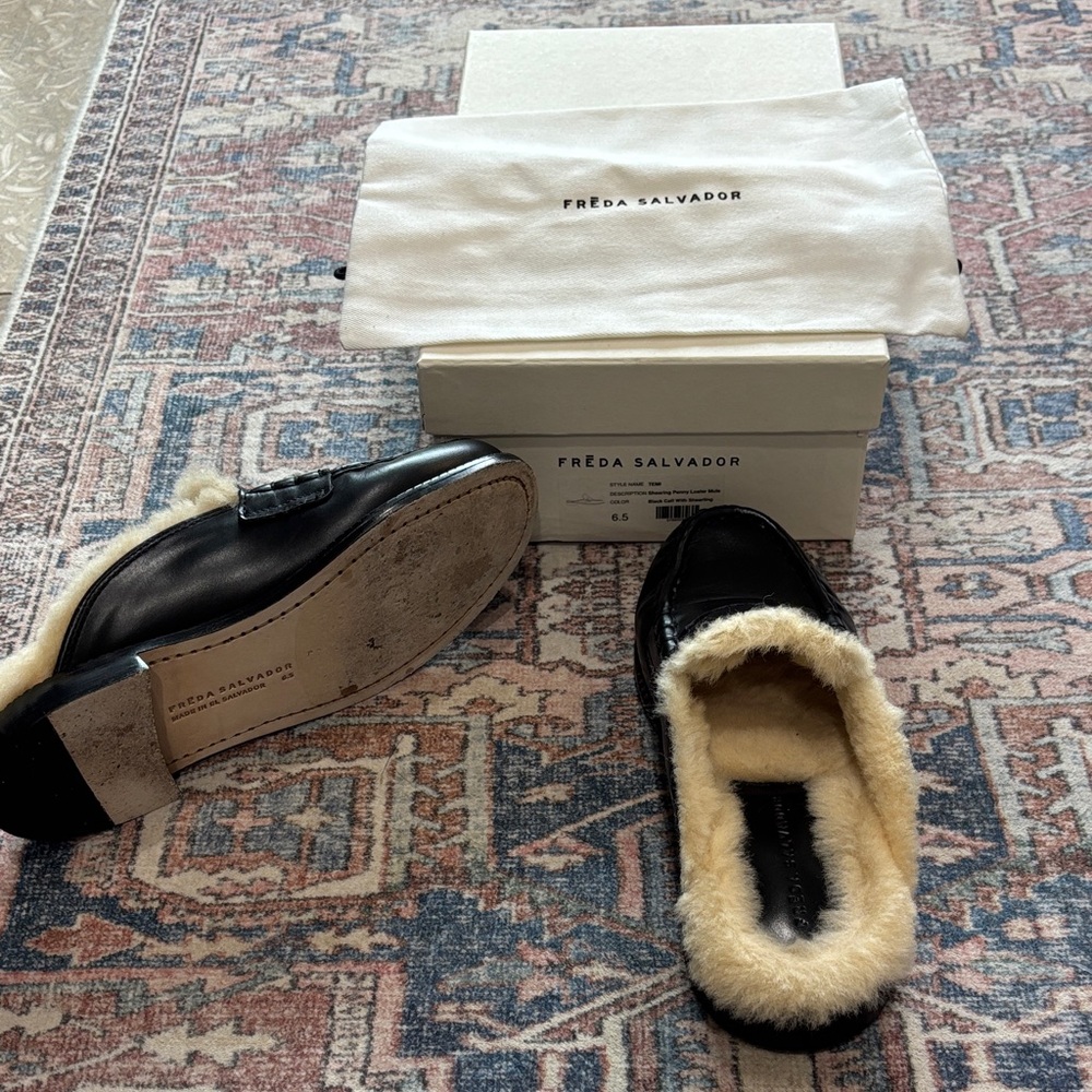 Freda Salvador Temi Black Leather Fur-Trim Slip-On Loafers. Worn only once.